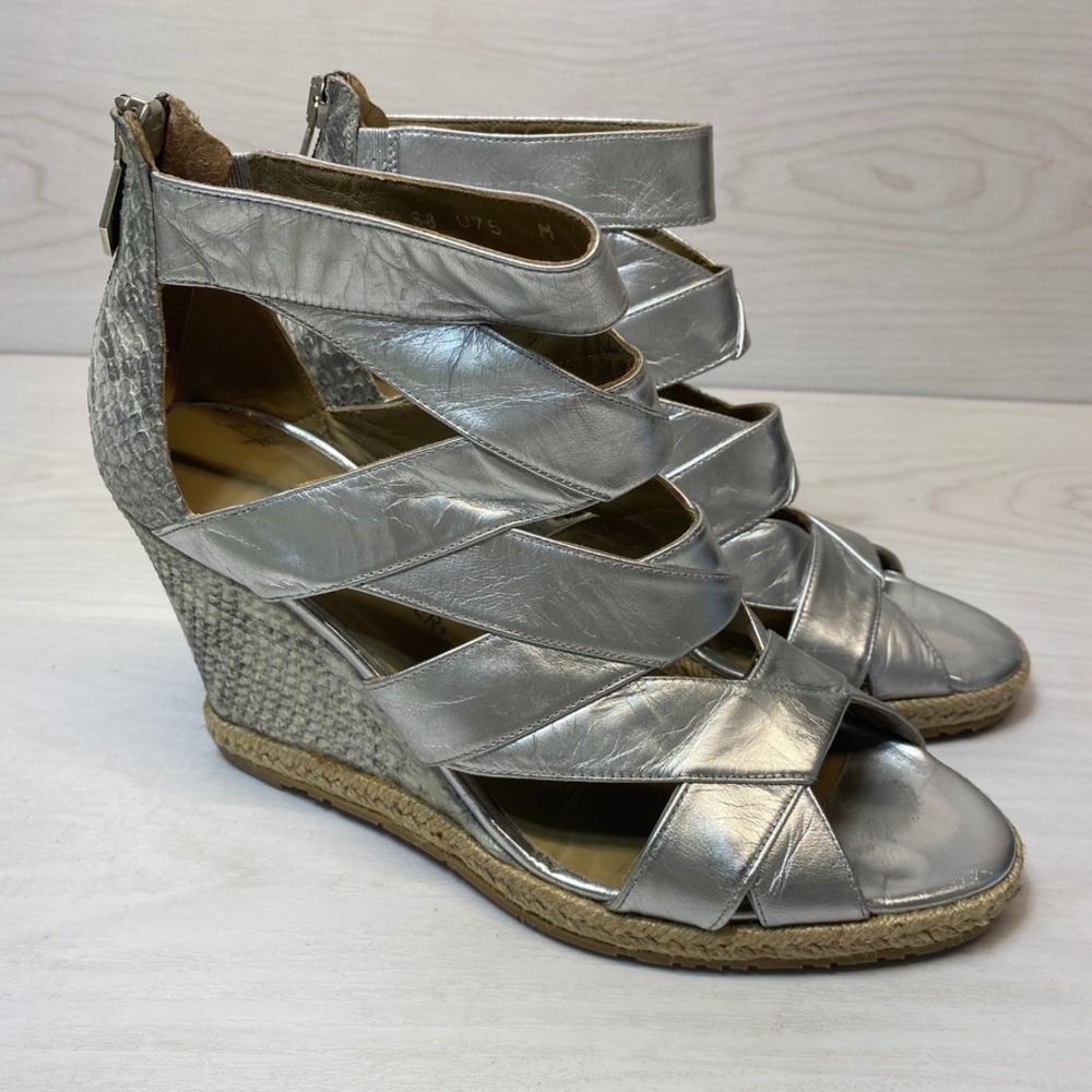 Donald J Pliner Womens 7.5 Malery Wedge Sandals Silver Leather Espadrille